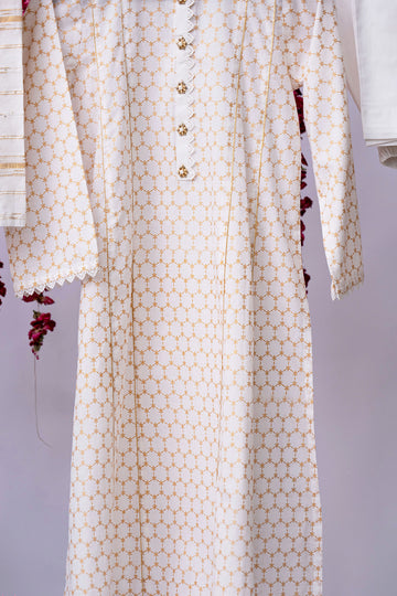 GAD-02713 | White & Gold | Casual 3 Piece Suit   | Cotton Cambric